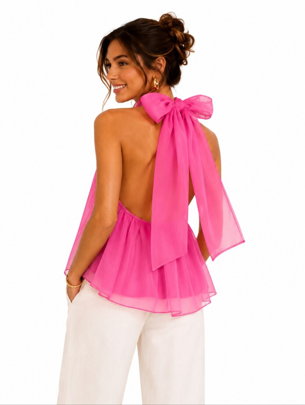 Mable Halter Top S Pink Organza Open Back Oversized Bow NWOT